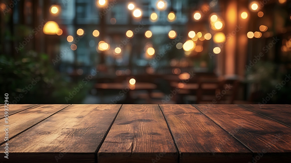 Poster Empty wood table for product display in blur background of admirable restaurant at night : Generative AI