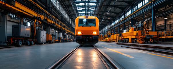A bright yellow train positioned on tracks inside a large industrial warehouse, symbolizing transportation, logistics, and heavy machinery.