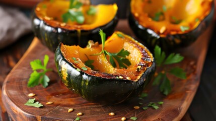 Close-up of roasted acorn squash halves with parsley on wooden cutting board.