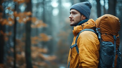 Fototapeta premium male hiker looking to the side walking in forest : Generative AI