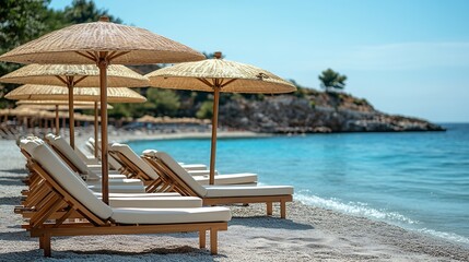 Sunbeds with umbrellas at the Rhodes city beach in Rhodes island in Greece : Generative AI