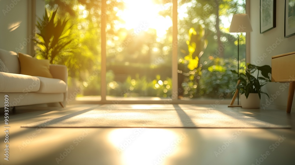 Poster blur image of living room with furniture at home with sunlight for background usage blur interior co