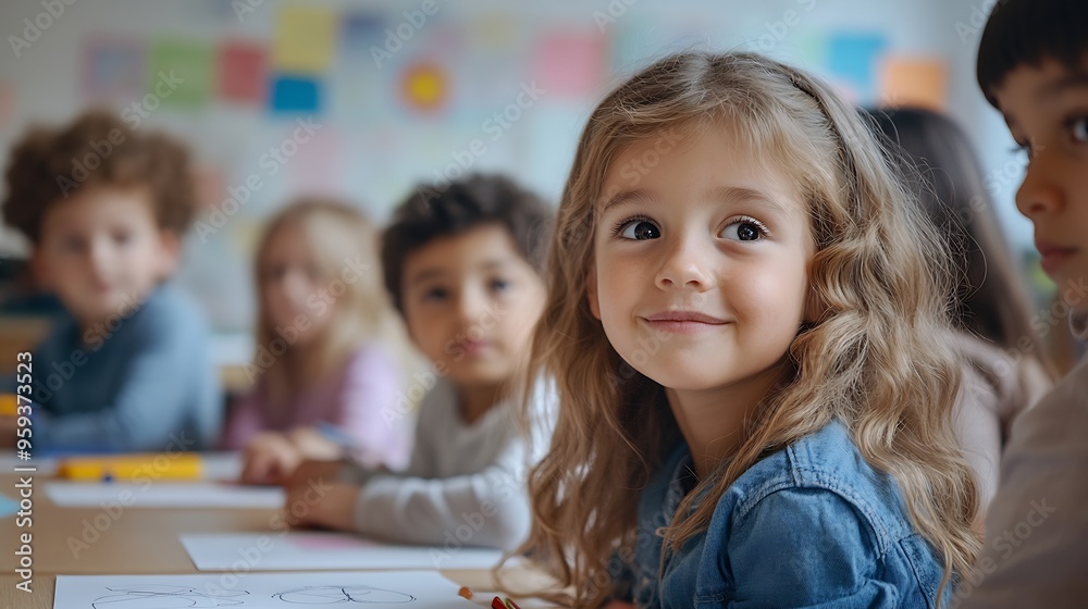 Poster group of elementary school kids stand around a table in a classroom attentively following a lesson b