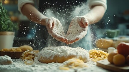 Hands flour and baking by woman in a kitchen for bread pizza or handmade food at home Wheat palm and female chef with messy fingers from cooking fun and preparing diy pasta or cake in  : Generative AI