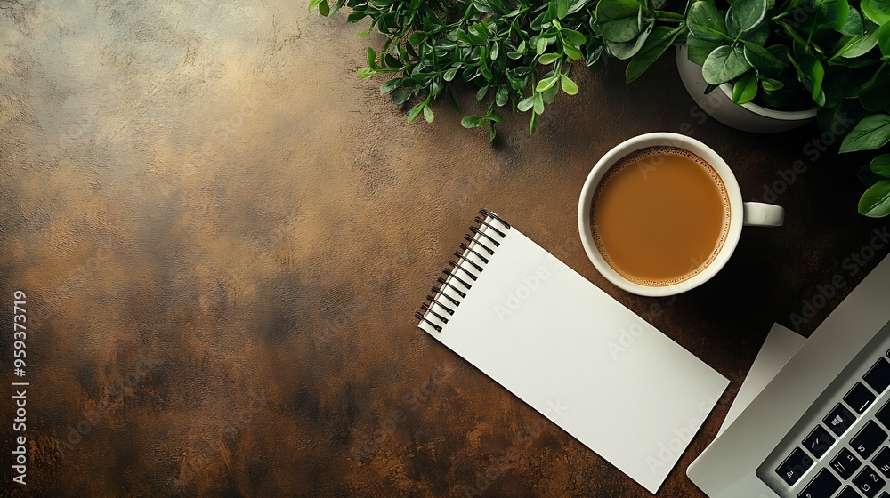 Aufkleber overhead above close up flat lay view photo of laptop notebook with cup of coffee notice paper pen i