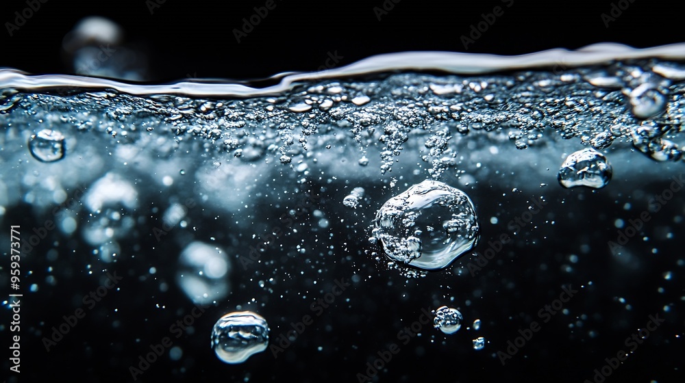 Poster Shiny air bubbles underwater rising from bottom and illuminated by rays of light Stream of oxygen bubbles on a black isolated background Close up of a bubbling liquid during aeration o : Generative AI