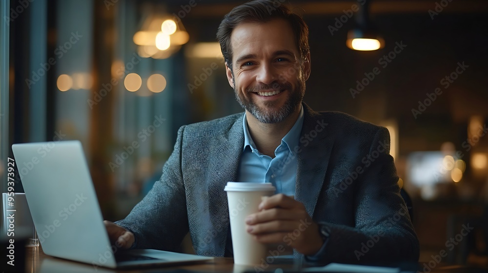 Aufkleber Handsome smiling businessman drinking coffee and using laptop in office checking emails on computer sitting at desk free space : Generative AI