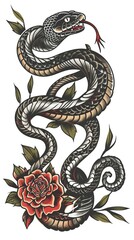 Obraz premium Hand drawn old school tattoo isolated icon of Snake vector image set