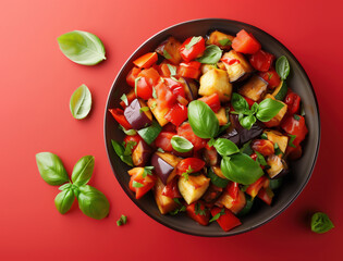 Vivid and bold Spanish vegetable stew pisto with eggplant and zucchini in rustic bowl