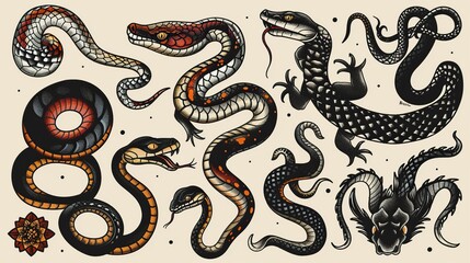 Obraz premium Hand drawn old school tattoo isolated icon of Snake vector image set