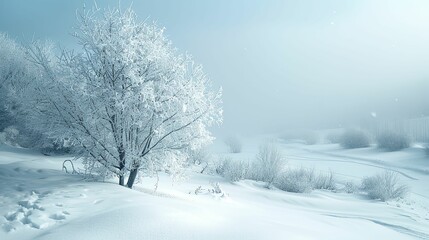 A Snow-Covered Tree in a Misty Winter Landscape