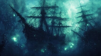Obraz premium Silhouettes of Old Ships in a Misty Sea