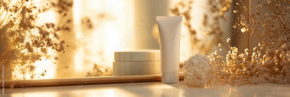 Aufkleber a tube of cream stands next to a jar, reflecting in a mirror, while dried flowers create a serene at