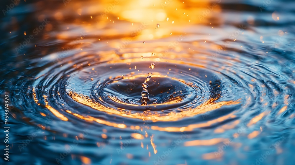 Fototapete Circular wave rings reflecting sky and surrounding Rain drops splashing into water surface causing concentric ripples Bad weather conditions Germany Colorful macro close up with select : Generative AI