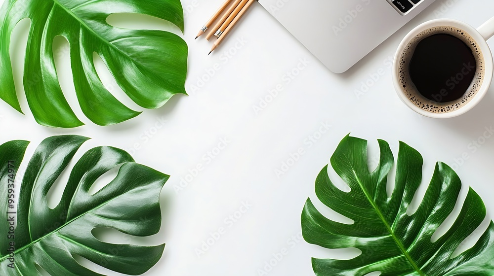 Poster flat lay top view office table desk workspace with laptopoffice supplies pencil green leaf and coffe