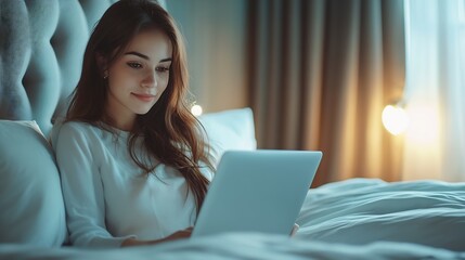 Beautiful young business woman working with laptop on bed in hotel room : Generative AI