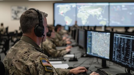 Military Officer Using Computer with Headset