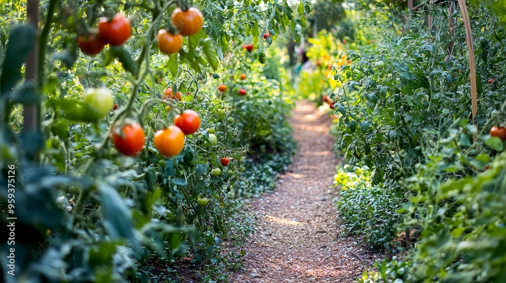 Poster Ripe tomatoes growing in a lush garden path 