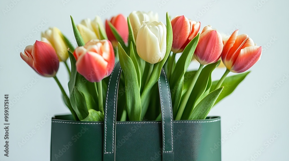 Poster tulip spring flowers in green bag isolated on white background floral composition with beautiful fre