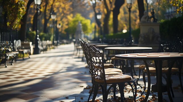 Spain madrid empty chairs in front of outdoor chess tables in el retiro park : Generative AI