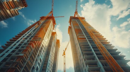 Tower lifting cranes at high residential apartment building construction site Real estate development in Miami urban area : Generative AI