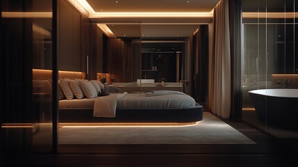 bedroom and freestanding bath behind a glass partition in a chic expensive interior of a luxury home with a dark modern design with wood trim and led light : Generative AI
