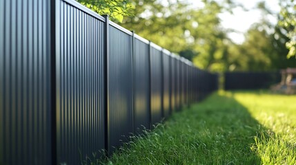 Metal fence made of corrugated sheets in an construction site The lawn area is fenced with a high fence Corrugated metal gate : Generative AI