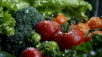 A vibrant mix of fresh vegetables, including tomatoes, lettuce, peppers, and broccoli, covered in water droplets, creating a refreshing and healthy visual.