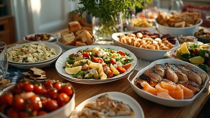 Fototapeta premium a beautifully decorated table with delicious food Everything is ready for lunch or dinner with delicious snacks and a cozy atmosphere Serving a holiday table with fish dishes salads an : Generative AI