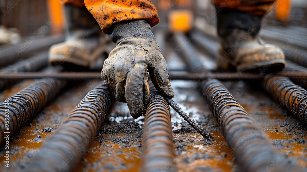 Poster ironworker securing steel rebar framing at construction site worker ties steel reinforcement with wi