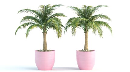 Obraz premium Two palm trees in pink flowerpots on a white background