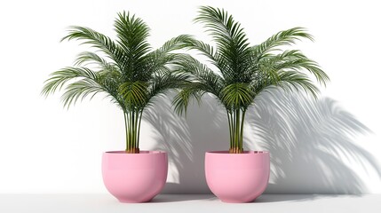 Fototapeta premium Two palm trees in pink flowerpots on a white background