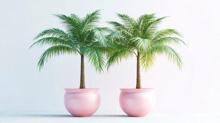 Obraz premium Two palm trees in pink flowerpots on a white background