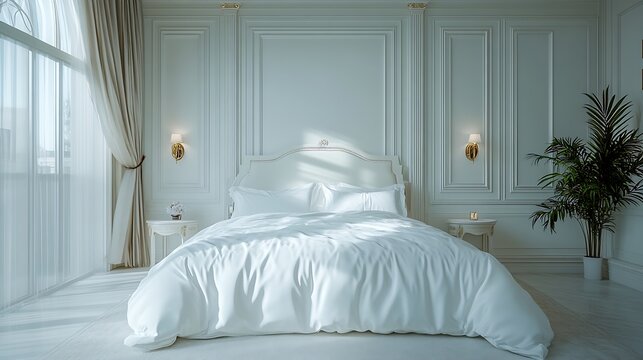 Comfortable all white luxurious hotel bedroom interiorCopy space : Generative AI
