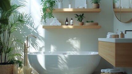 Interior of light bathroom with shelving units bathtub and mirror : Generative AI