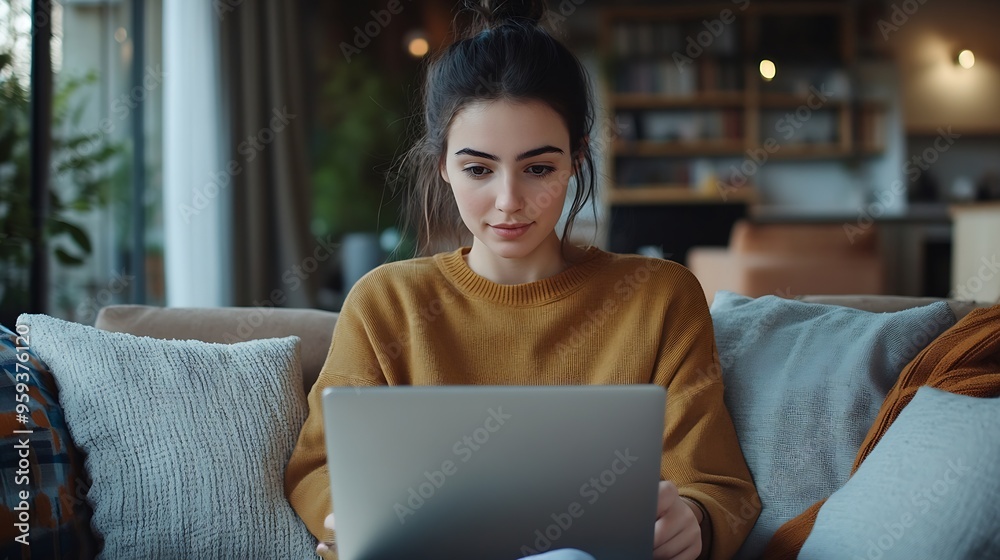 Poster A young businesswoman in casual clothes works online from home using a laptop and wireless technology while sitting on a sofa in a cozy room at home Selective focus : Generative AI