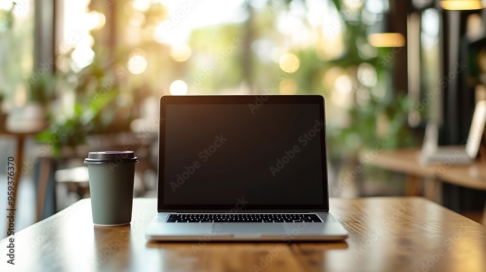 Aufkleber front view laptop with empty display documents and coffee cup on wooden office desk : generative ai