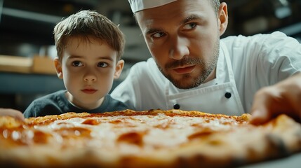 The cook teaches a boy in a cooks costume to cook pizza Master class Mens hands closeup : Generative AI