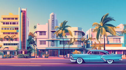 Obraz premium Buildings in miami beach, florida, art deco area with a vintage car. generative ai. Art Deco. Illustration