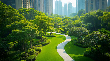 Winding stone pathway through a lush green park in front of tall apartment buildings.