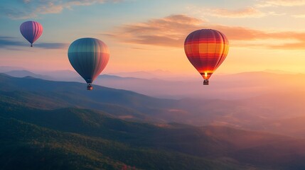Obraz premium Colorful hot air balloons flying above mountain at sunrise sky background Travel natural background : Generative AI