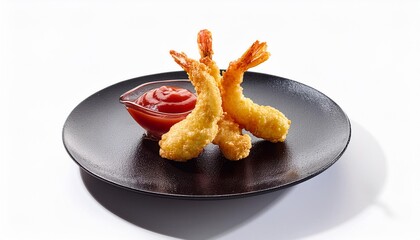 Tempura shrimp in black plate with red sauce on white background isolated