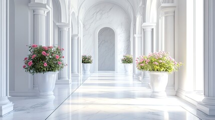 Building with white marble interior and flower pots