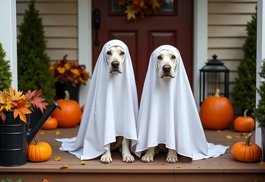Halloween Ghost Dogs on Porch with Pumpkins and Autumn Leaves