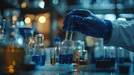 Scientist Wearing Blue Gloves Holds a Flask in a Lab