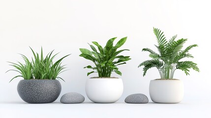 Beautiful house plants in ceramic pots isolated on white background, stones flowerpot, 3D rendering 