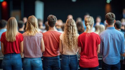 Back view of a group of young adults standing in a row, attentively observing a conference or presentation.