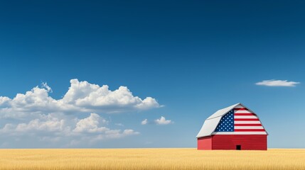 a large American flag painted on the side of an old barn, set against a backdrop of golden fields and blue skies 