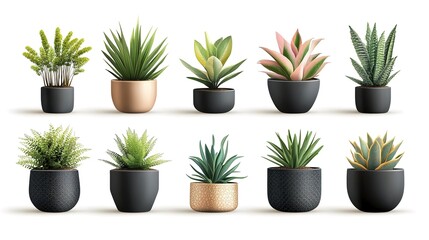 Various realistic 3D vector icon illustrations of potted plants for interior design. isolated against a white backdrop.