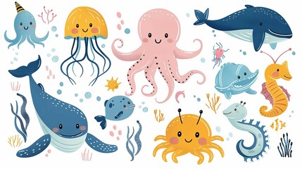 Colorful Cartoon Sea Creatures with Smiling Faces